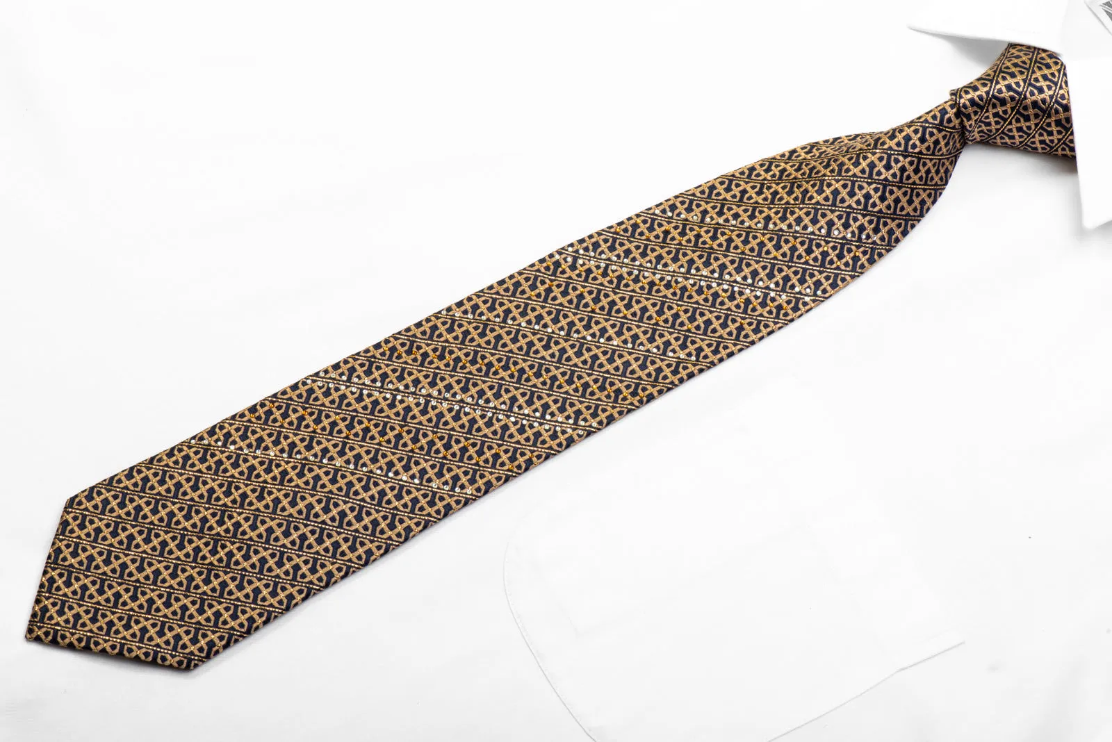 Rhinestone Silk Necktie Golden Trellis On Navy With Gold Sparkles