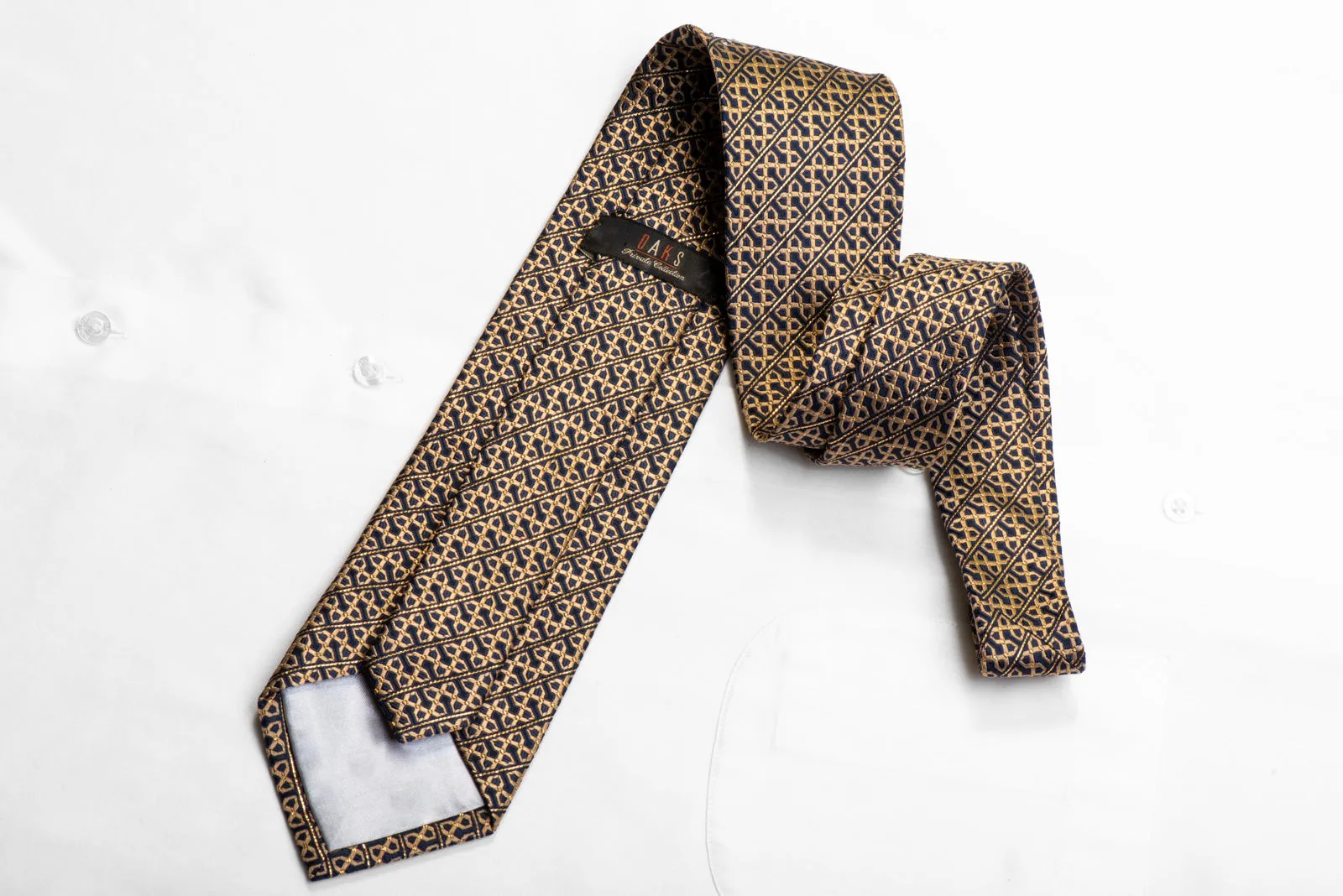 Rhinestone Silk Necktie Golden Trellis On Navy With Gold Sparkles
