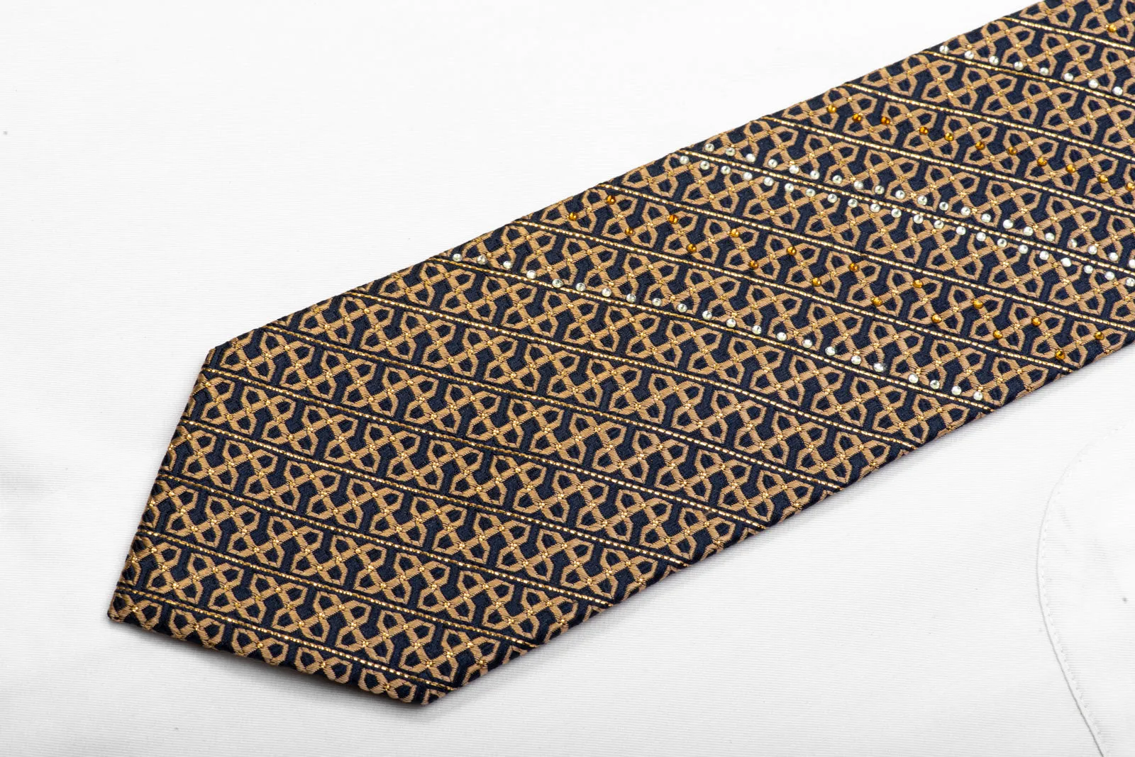 Rhinestone Silk Necktie Golden Trellis On Navy With Gold Sparkles
