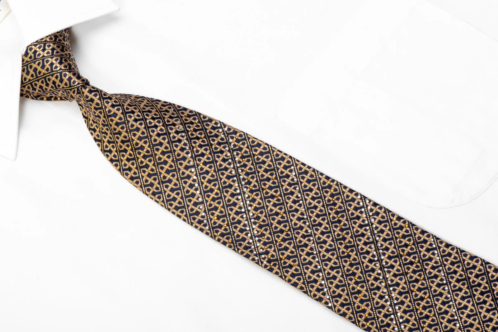 Rhinestone Silk Necktie Golden Trellis On Navy With Gold Sparkles