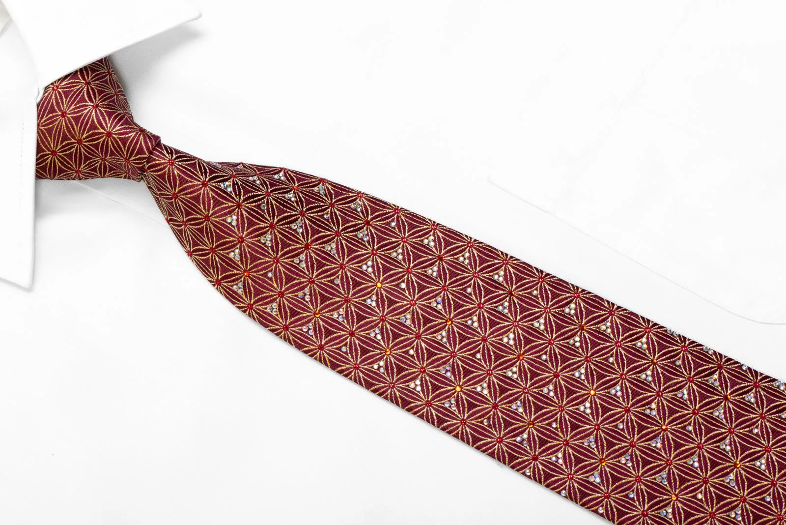 Rhinestone Silk Tie Gold Trellis On Burgundy With Gold Sparkles