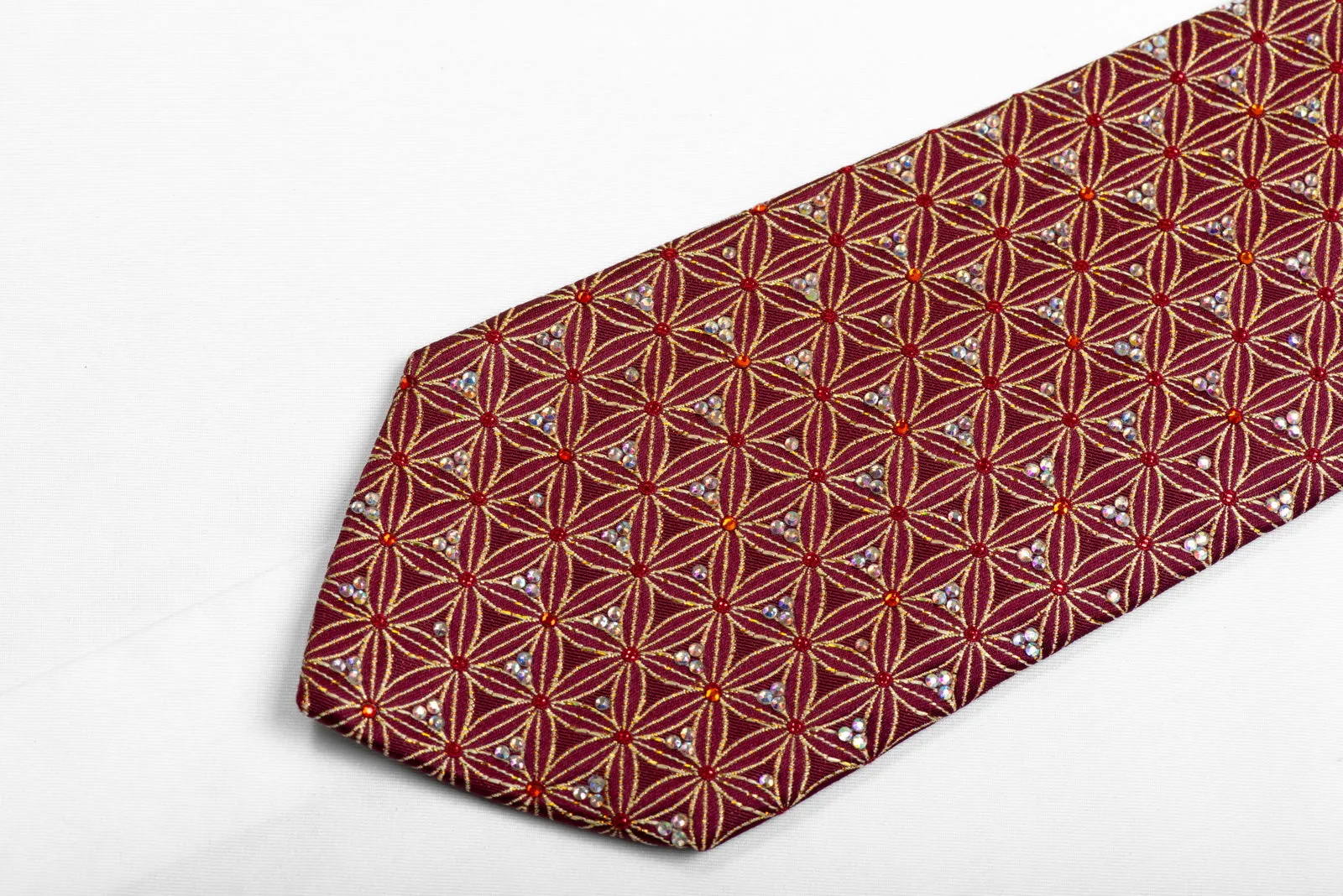 Rhinestone Silk Tie Gold Trellis On Burgundy With Gold Sparkles