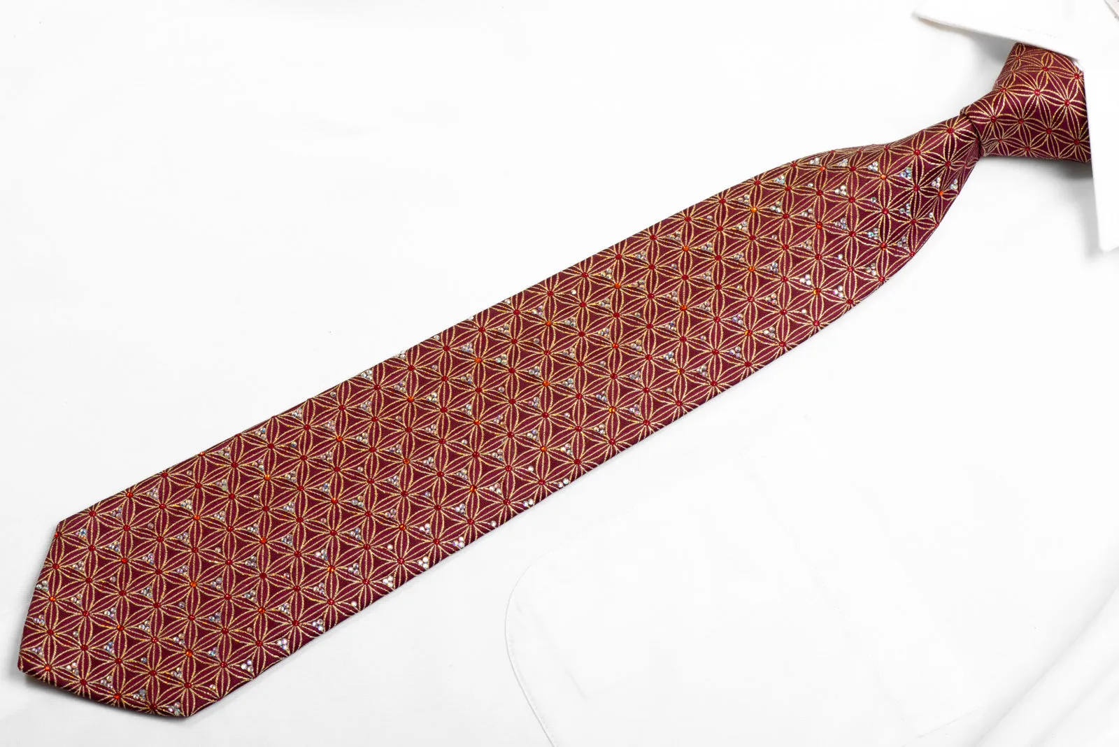 Rhinestone Silk Tie Gold Trellis On Burgundy With Gold Sparkles