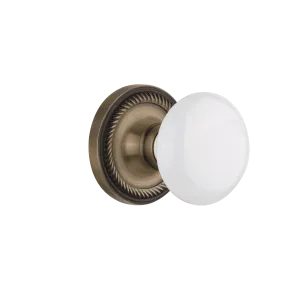 Rope Rosette with White Porcelain Knob in Antique Brass