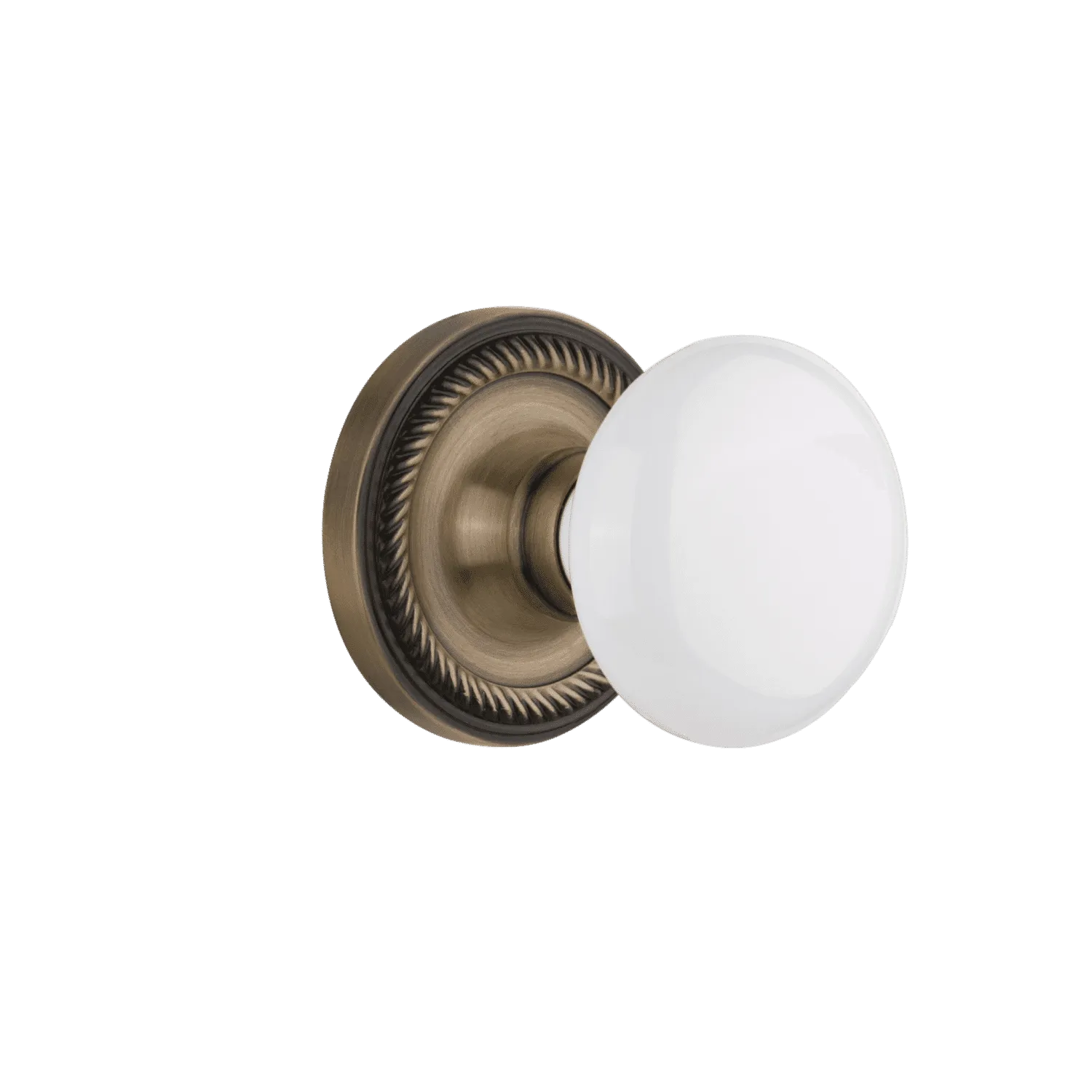 Rope Rosette with White Porcelain Knob in Antique Brass