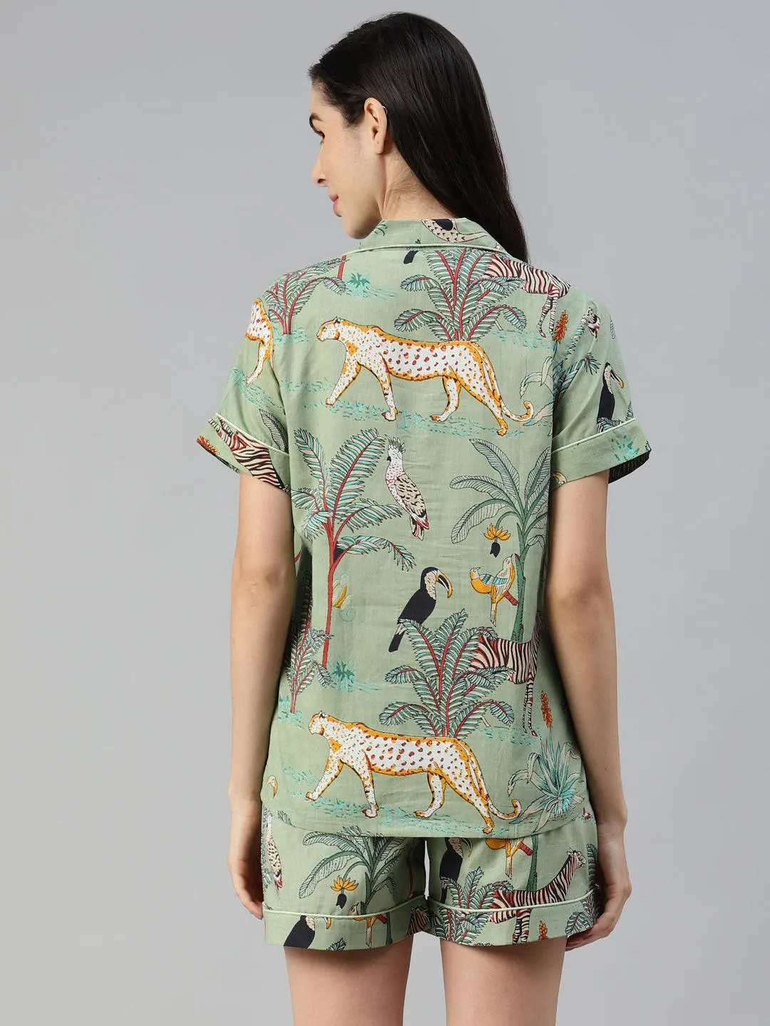 Sea Green Cotton Animal Print Night Suit