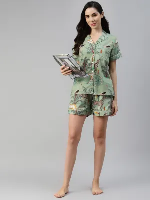 Sea Green Cotton Animal Print Night Suit