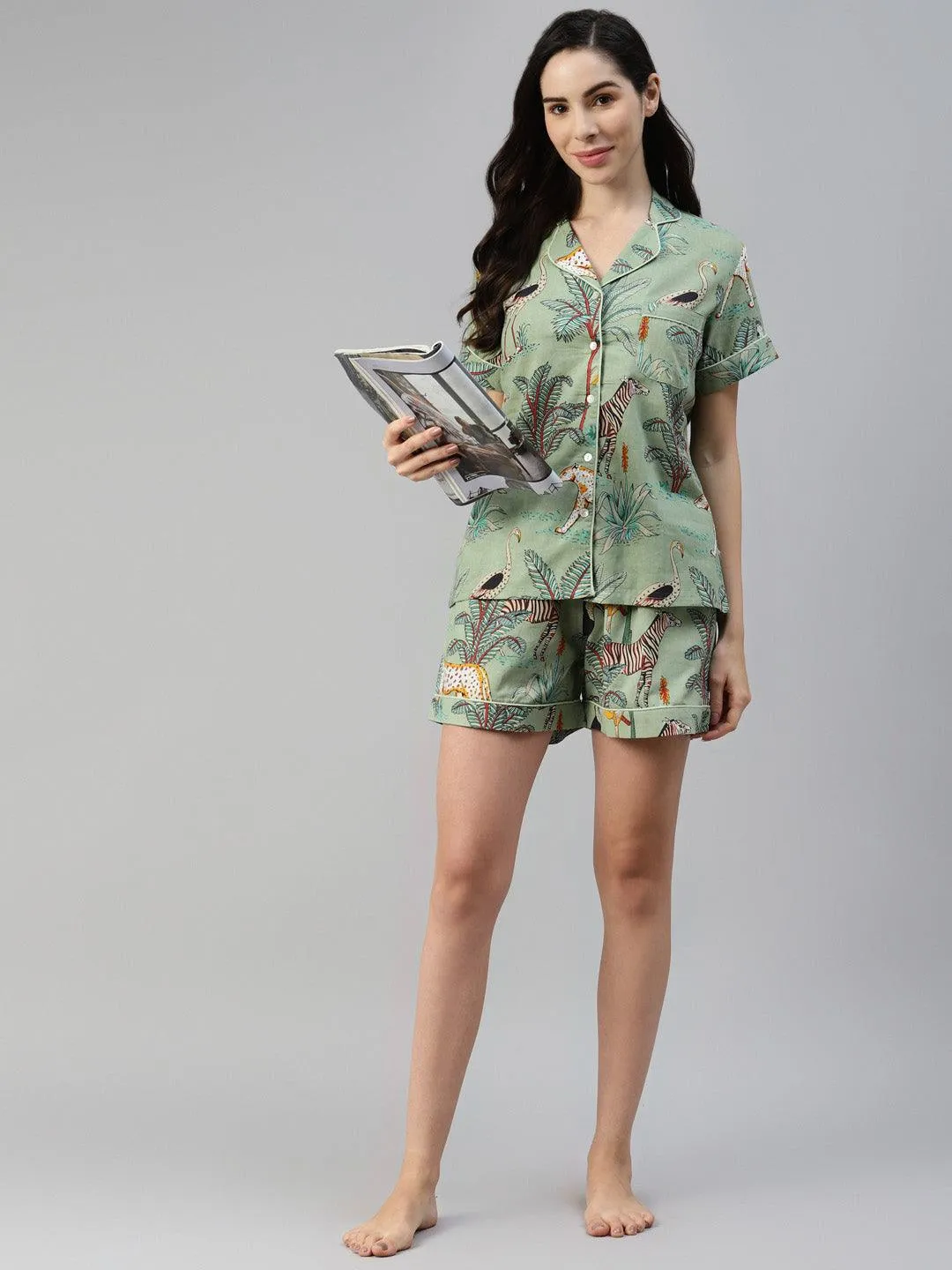 Sea Green Cotton Animal Print Night Suit