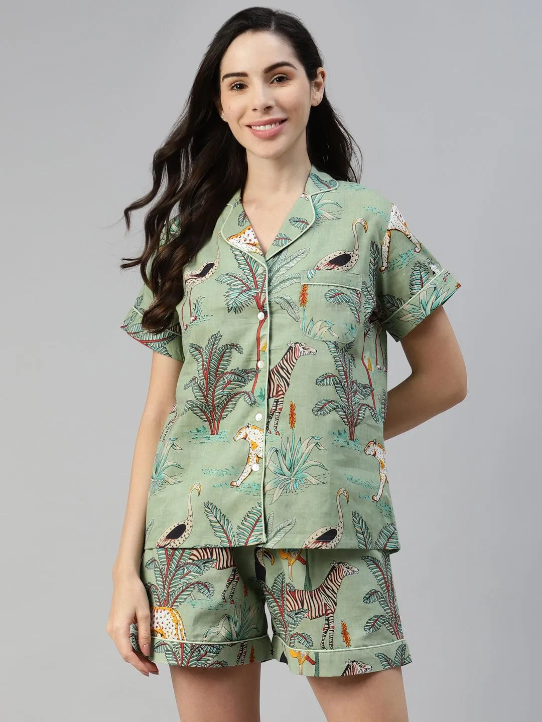 Sea Green Cotton Animal Print Night Suit