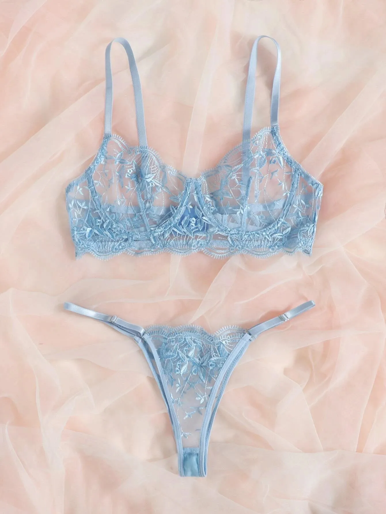 SHEIN Classic Sexy Embroidered Mesh Underwire Lingerie Set