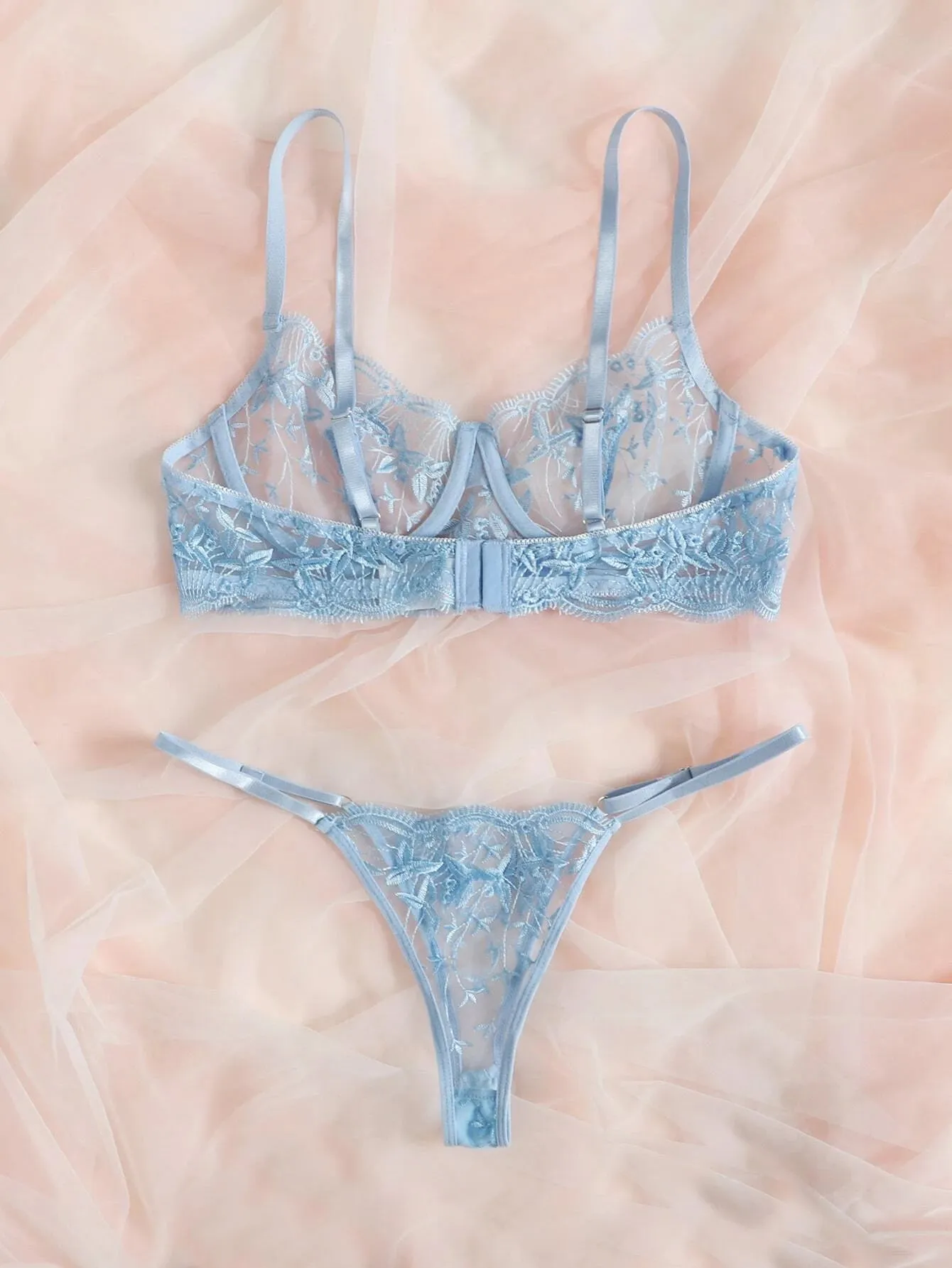 SHEIN Classic Sexy Embroidered Mesh Underwire Lingerie Set