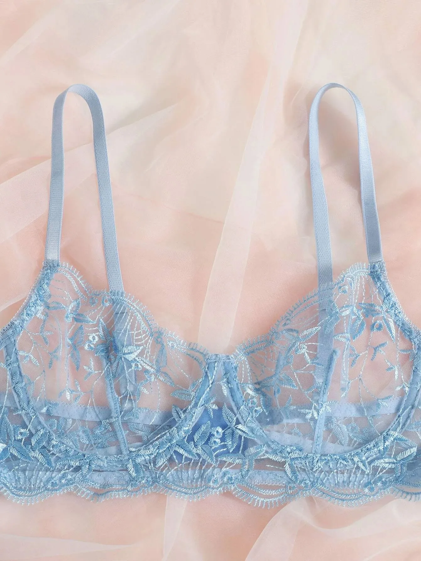 SHEIN Classic Sexy Embroidered Mesh Underwire Lingerie Set
