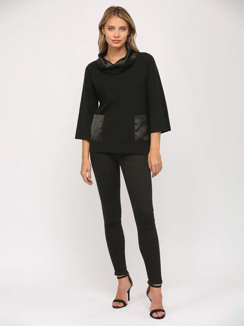 Silken Elegance Cowl Neck Sweater Top - Black