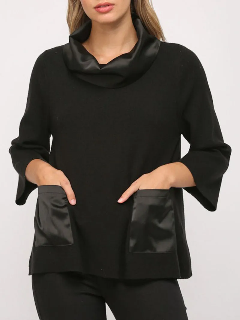 Silken Elegance Cowl Neck Sweater Top - Black
