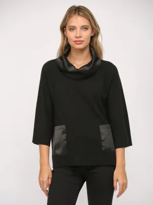 Silken Elegance Cowl Neck Sweater Top - Black