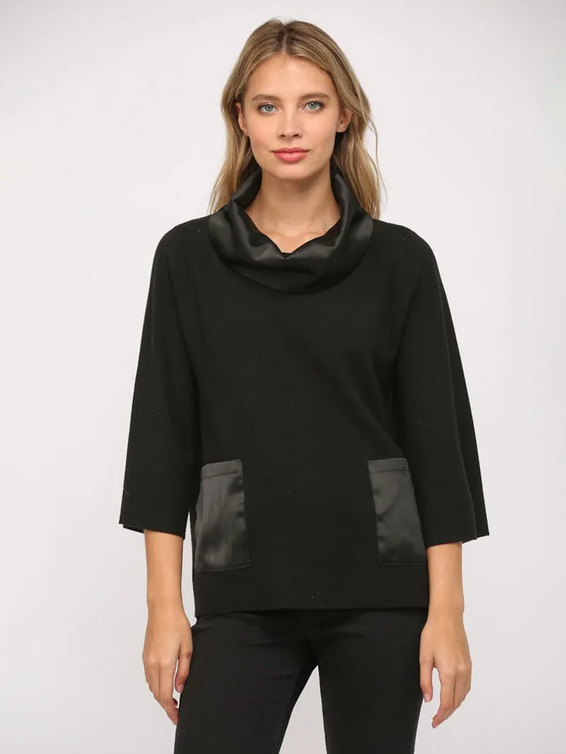 Silken Elegance Cowl Neck Sweater Top - Black