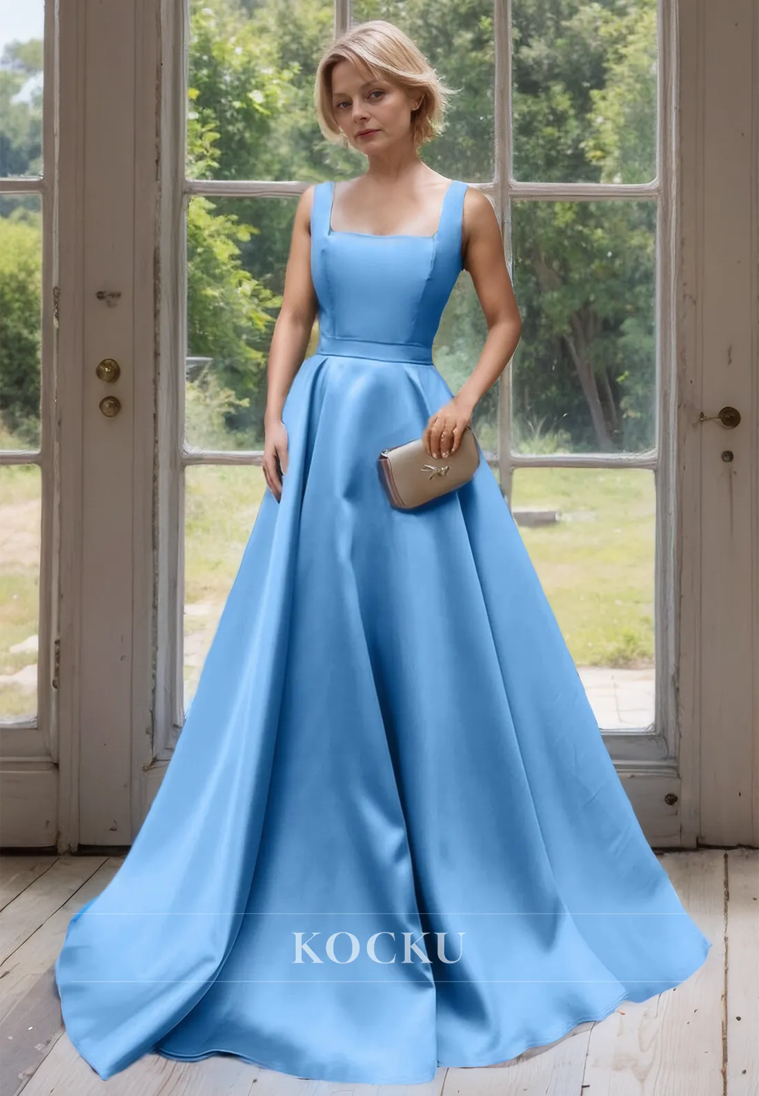 Simple & Casual Square Neck A-Line Spaghetti Straps Satin Cocktail Dress Mother of the Bride Dress