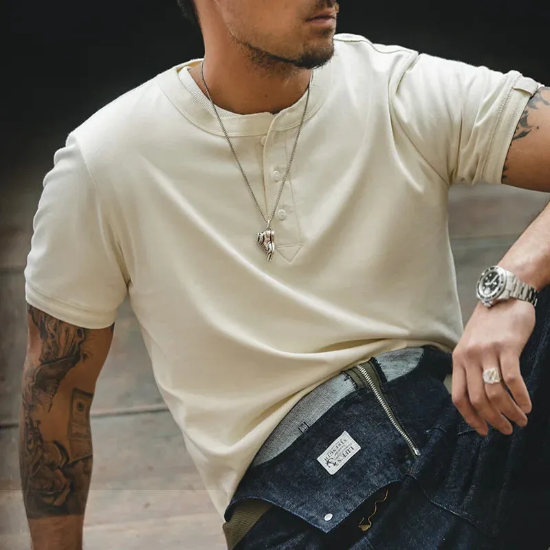 Soft Breathable Vintage Men's Henry T-Shirt - Solid Casual Classic Buttons