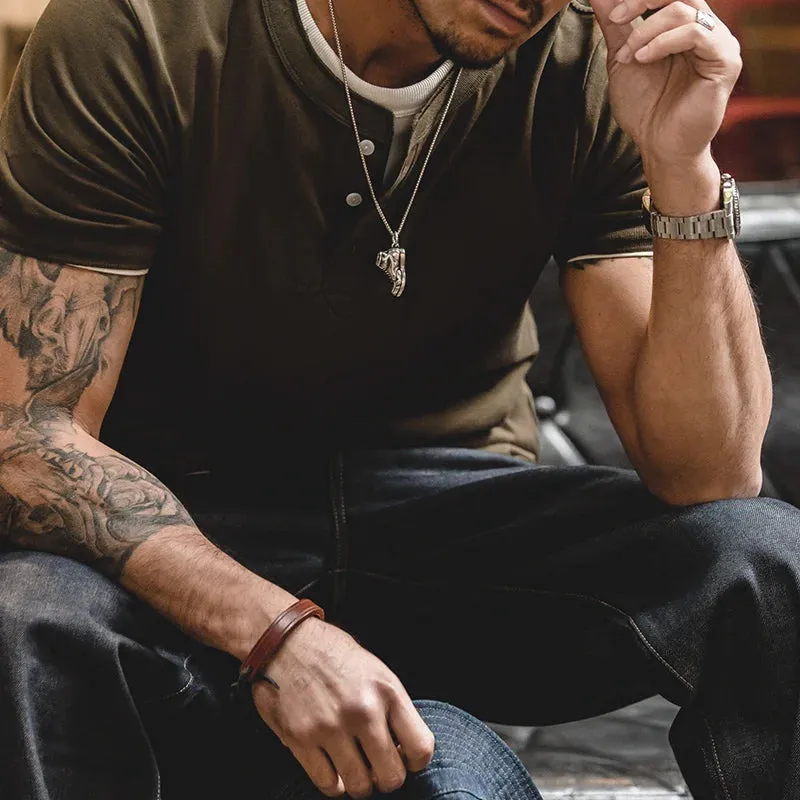 Soft Breathable Vintage Men's Henry T-Shirt - Solid Casual Classic Buttons