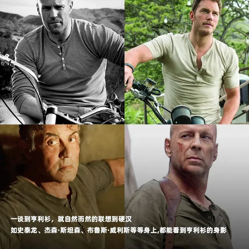 Soft Breathable Vintage Men's Henry T-Shirt - Solid Casual Classic Buttons