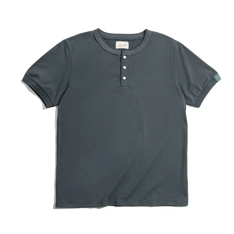 Soft Breathable Vintage Men's Henry T-Shirt - Solid Casual Classic Buttons
