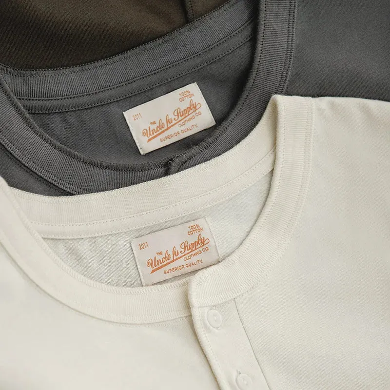 Soft Breathable Vintage Men's Henry T-Shirt - Solid Casual Classic Buttons