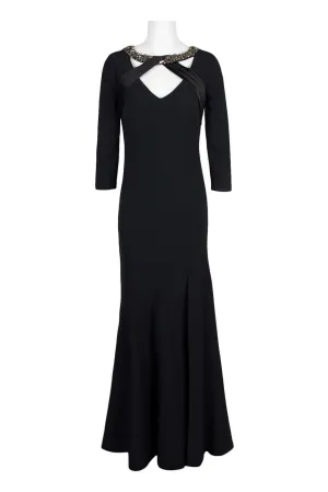 Theia Embellished Boat Neck Long Sleeve Flutter Hem Zipper Back Pleated Crossed Front Crepe Gown