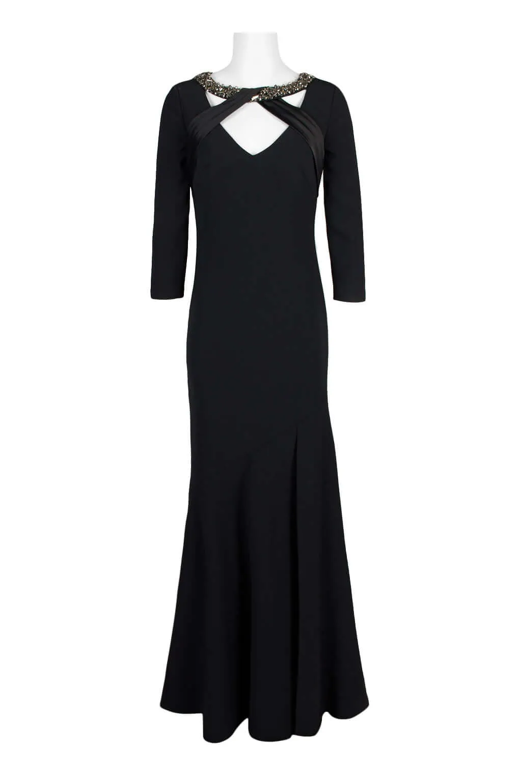 Theia Embellished Boat Neck Long Sleeve Flutter Hem Zipper Back Pleated Crossed Front Crepe Gown