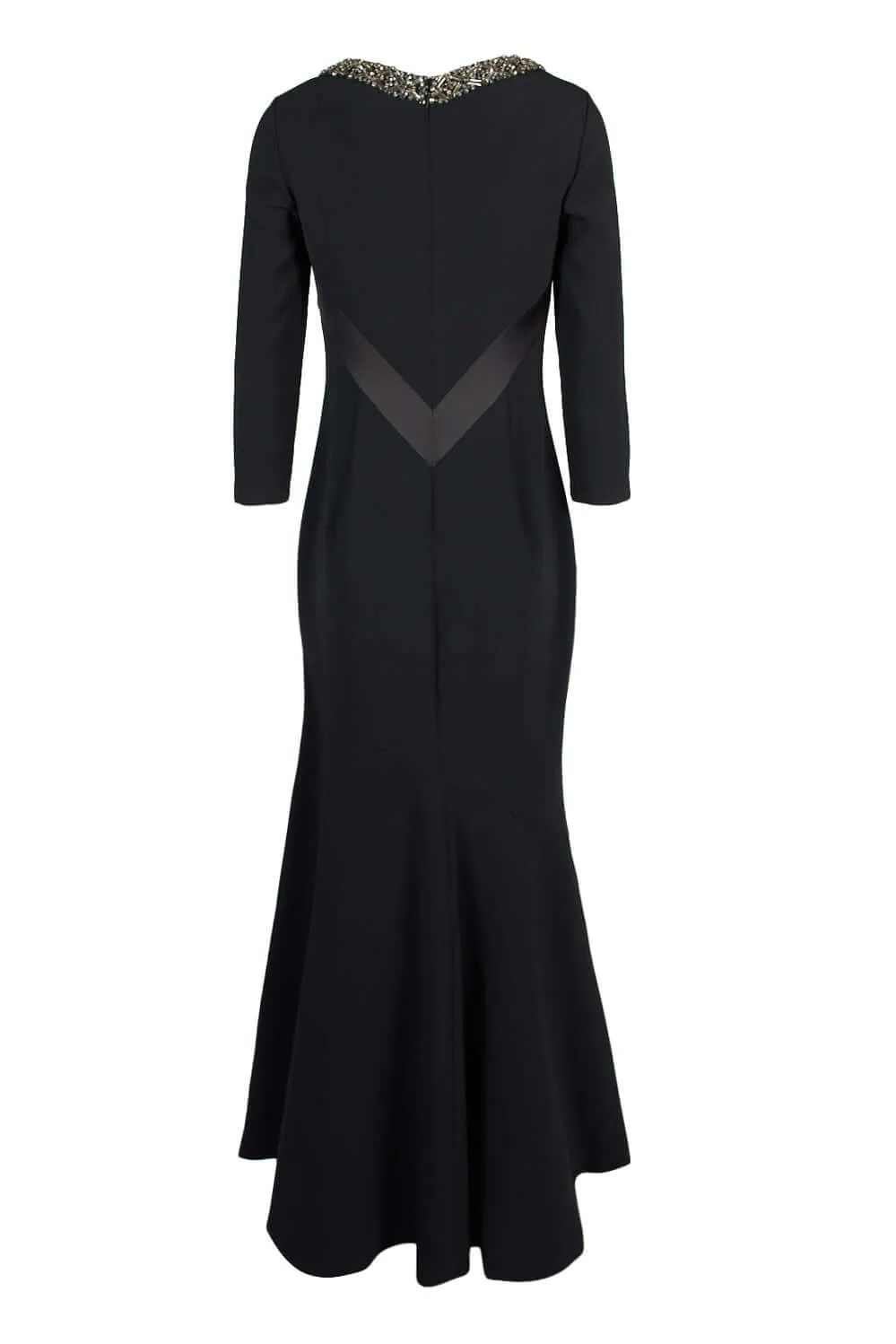Theia Embellished Boat Neck Long Sleeve Flutter Hem Zipper Back Pleated Crossed Front Crepe Gown