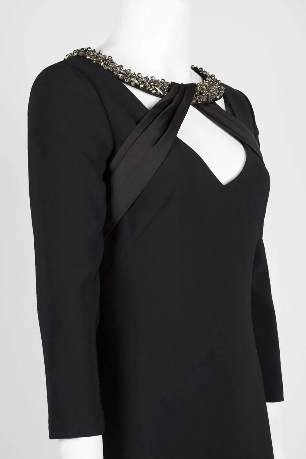 Theia Embellished Boat Neck Long Sleeve Flutter Hem Zipper Back Pleated Crossed Front Crepe Gown