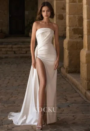 Tube Top Sleeveless Sheath Wedding Dress Sleeveless High Slit Train Bow Satin Bridal Gowns with Beads