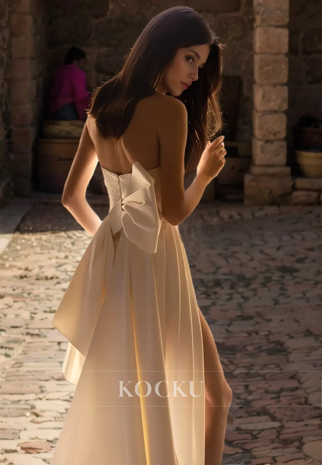 Tube Top Sleeveless Sheath Wedding Dress Sleeveless High Slit Train Bow Satin Bridal Gowns with Beads