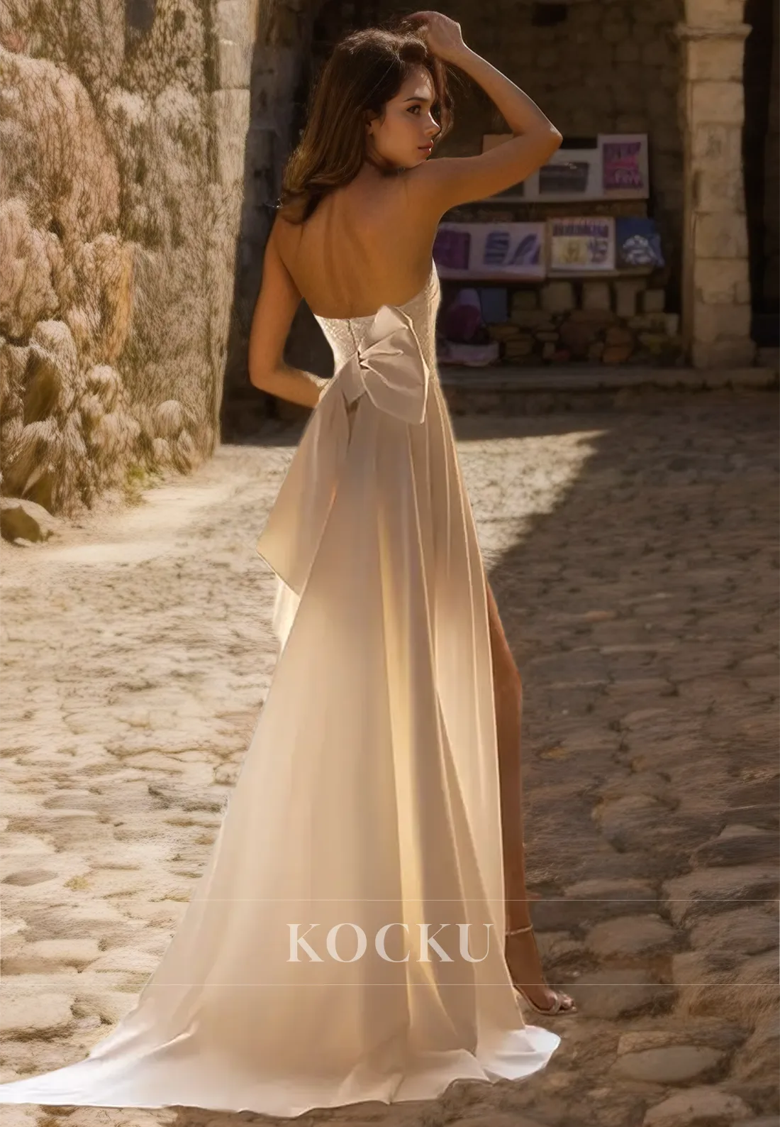 Tube Top Sleeveless Sheath Wedding Dress Sleeveless High Slit Train Bow Satin Bridal Gowns with Beads