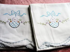VINTAGE Pillowcases,Pretty Embroidered Cotton Pillow Slips,Vintage Linens,Bridal Shower Gift, French Country,Farmhouse Decor,Collectible