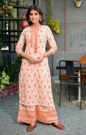 Women Orange And White Printed Kurta Set