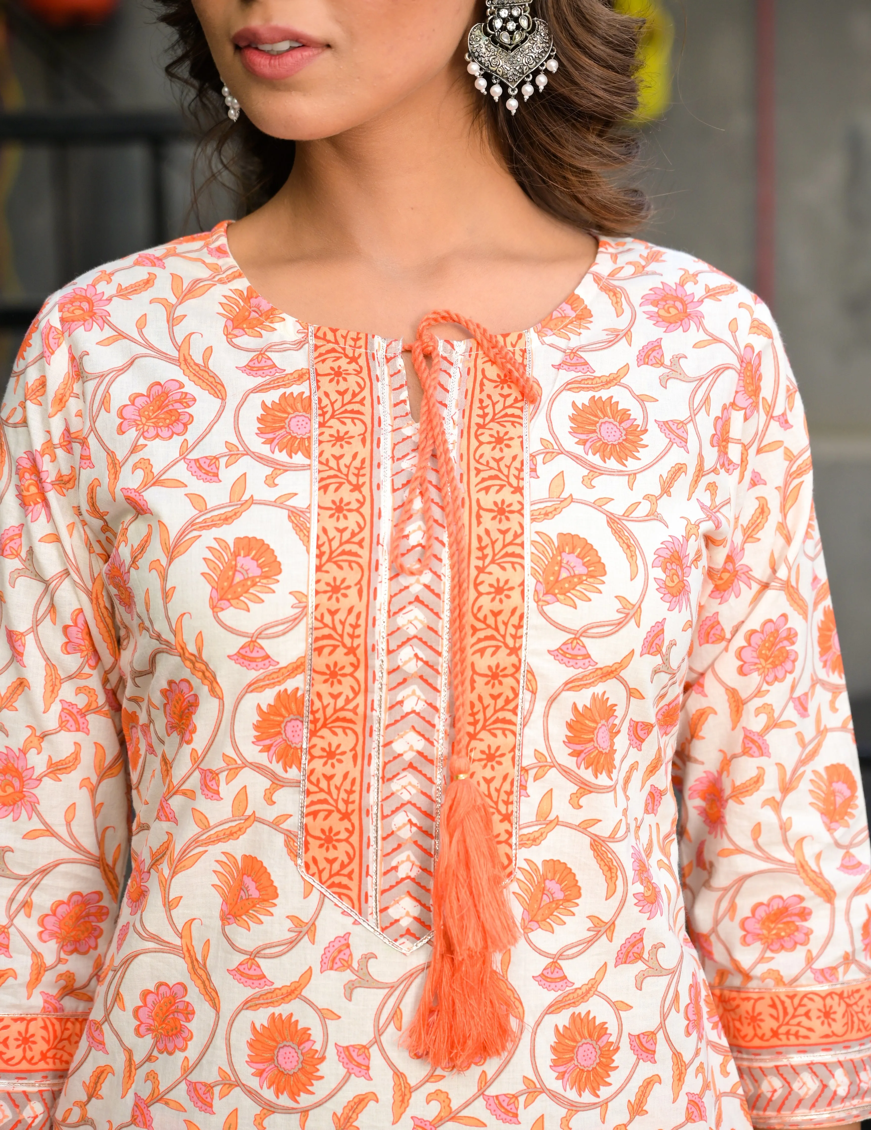 Women Orange And White Printed Kurta Set
