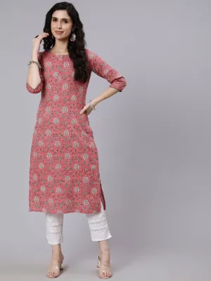 Women Pink Floral Printed Straight Kurta With Three Quarter Sleeves