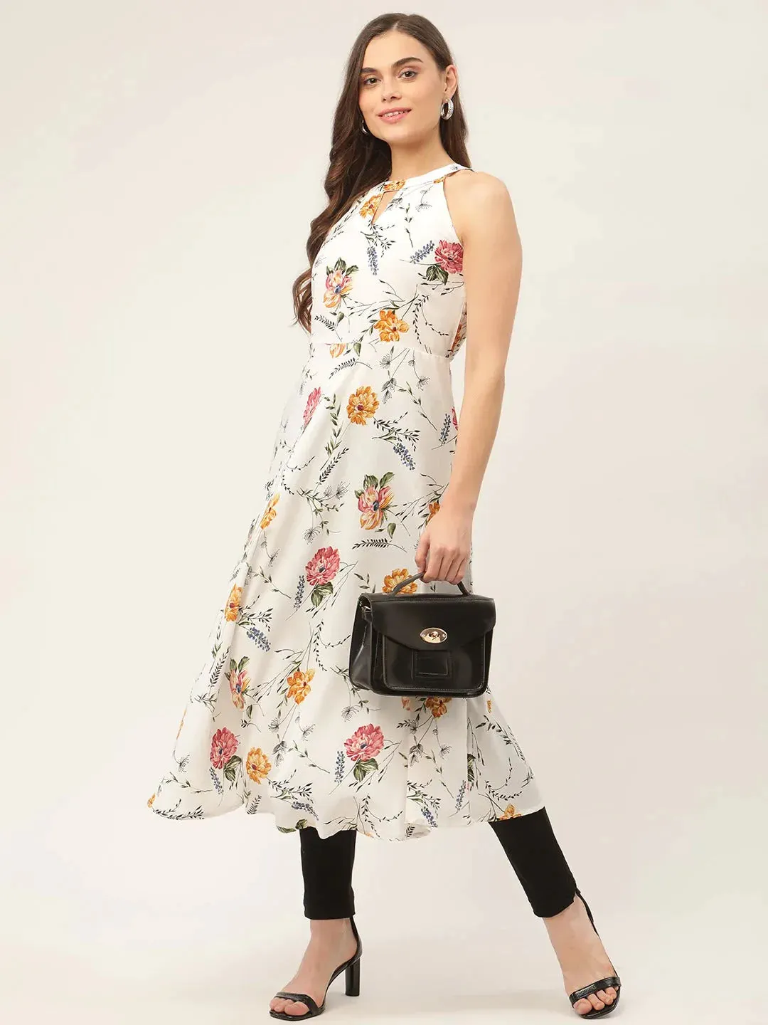 Women White Floral Printed Anarkali Kurta
