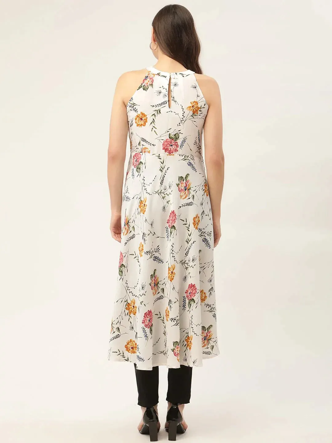 Women White Floral Printed Anarkali Kurta