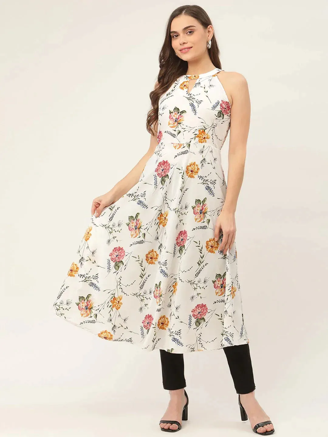 Women White Floral Printed Anarkali Kurta
