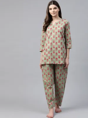 Women'S Green Printed Loungewear /Nightwear