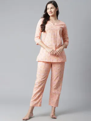 Women'S Peach Printed Cotton Nightwear