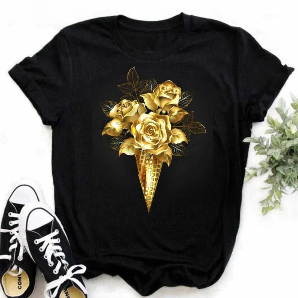 Womens Summer Short Sleeve Black Tee with Golden Rose Design