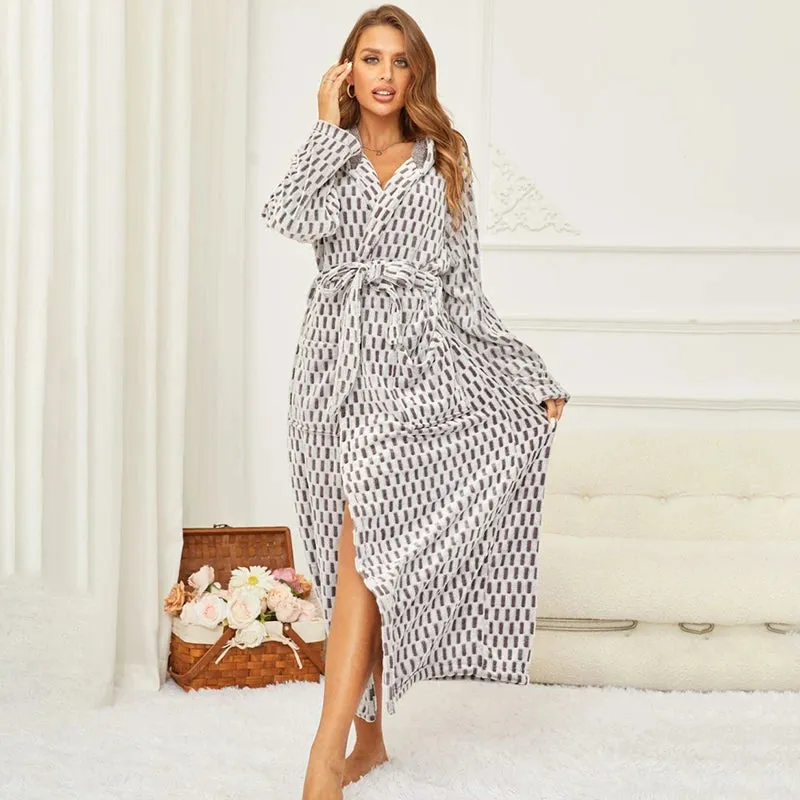 Women's Winter Mid-Calf Long Sleeve Robe in Polyester Coral Fleece, Print Pattern