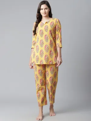 Women'S Yellow Flower Cotton Motif Nightwear