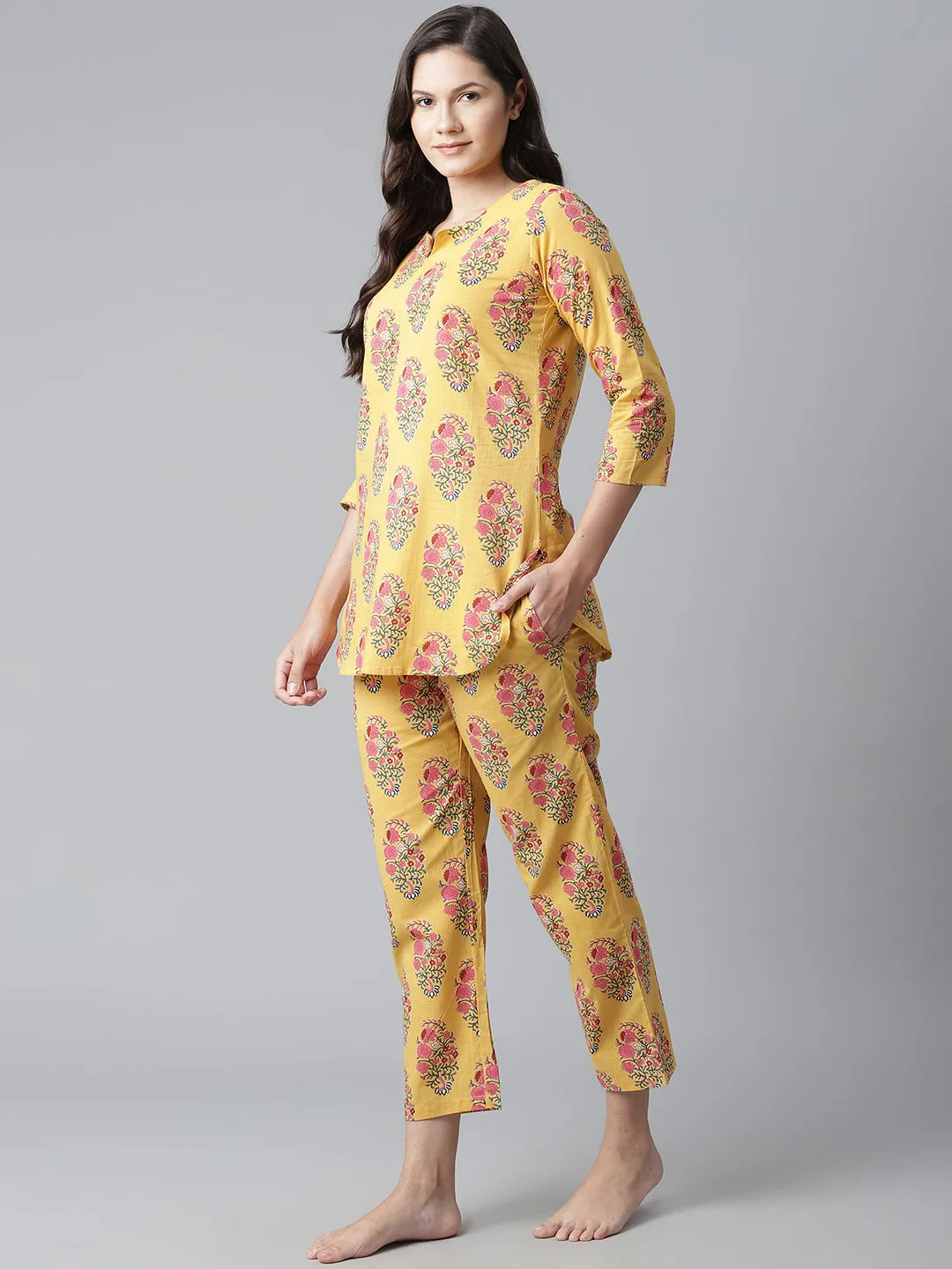 Women'S Yellow Flower Cotton Motif Nightwear