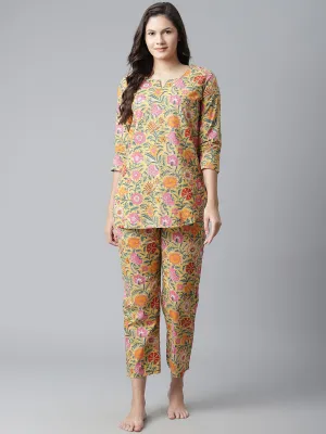 Women'S Yellow Printed Cotton Night Wear