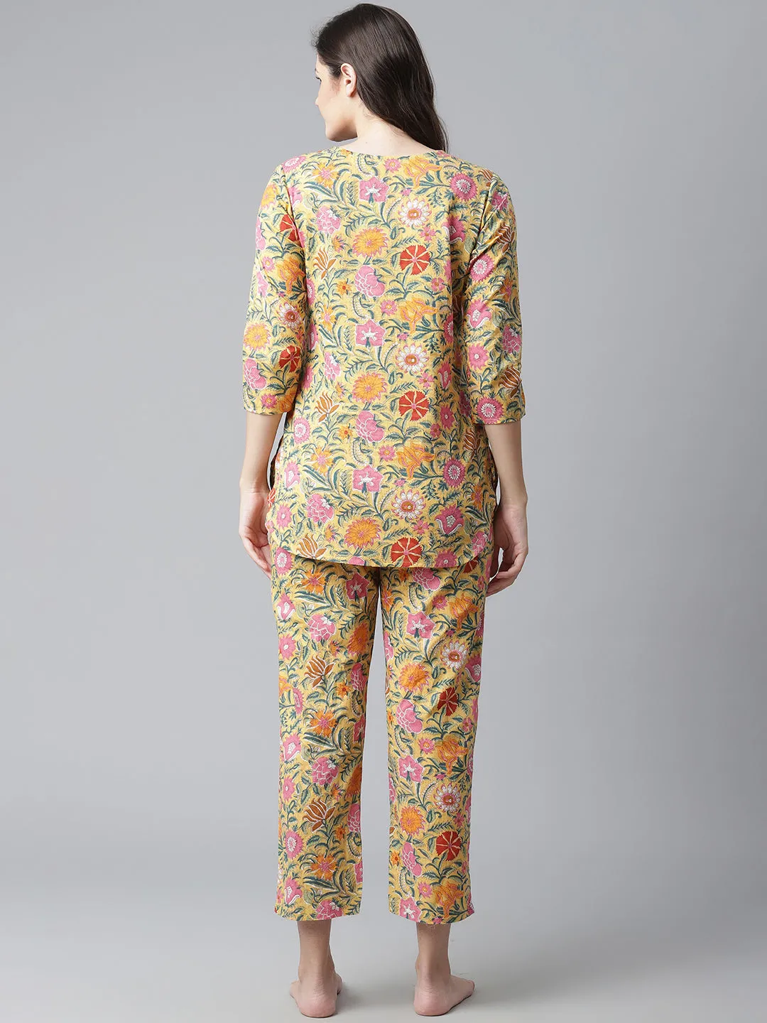Women'S Yellow Printed Cotton Night Wear