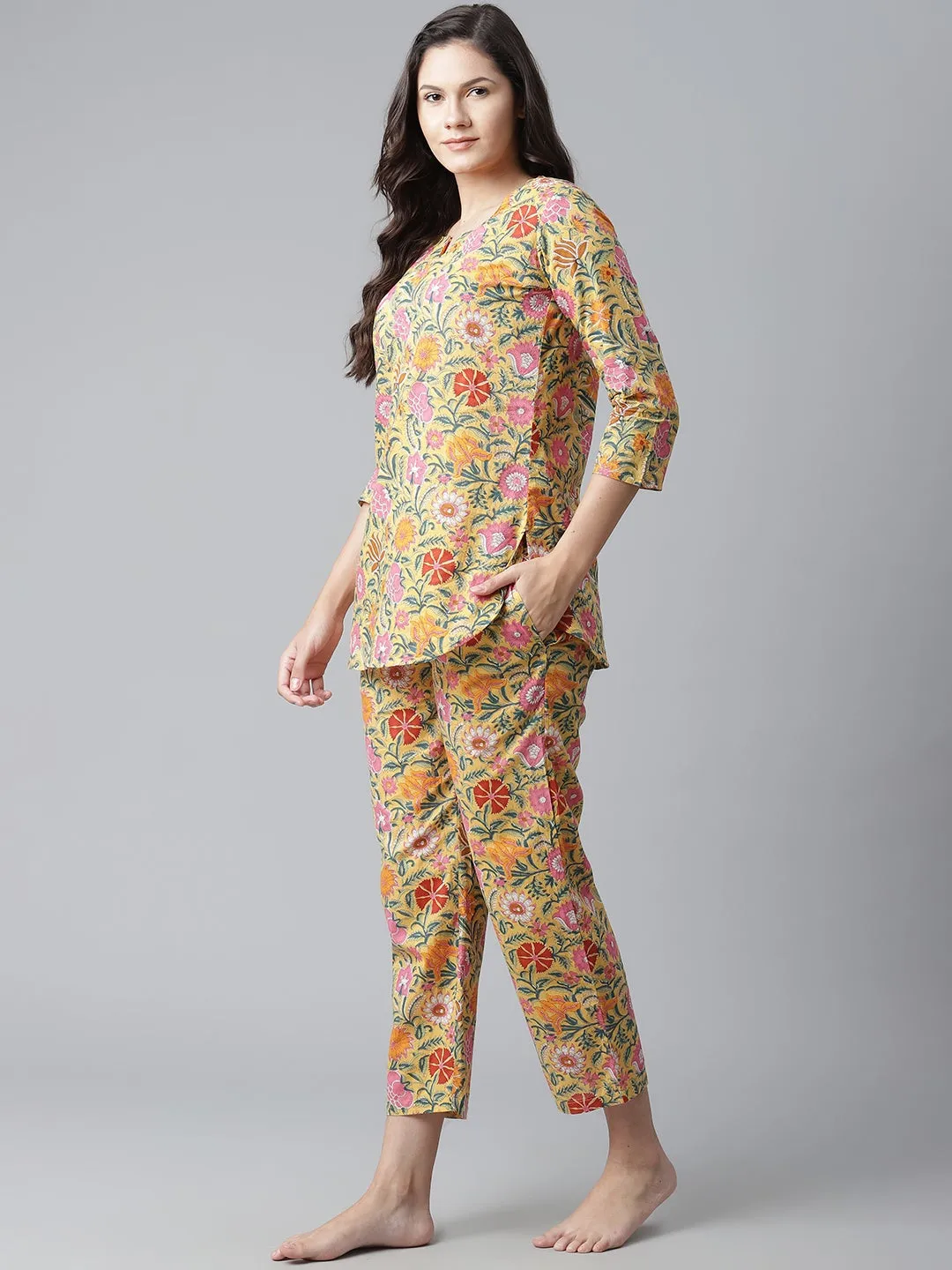 Women'S Yellow Printed Cotton Night Wear