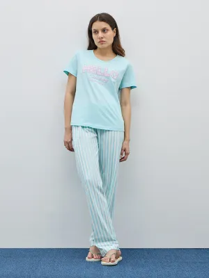 Wunderlove Sage Embroidered Cotton Pyjamas Set In A Bag